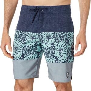 Travis Mathew Sz 35 Men's Swim-Up Bar boardshorts 9" inseam blue grey palm print